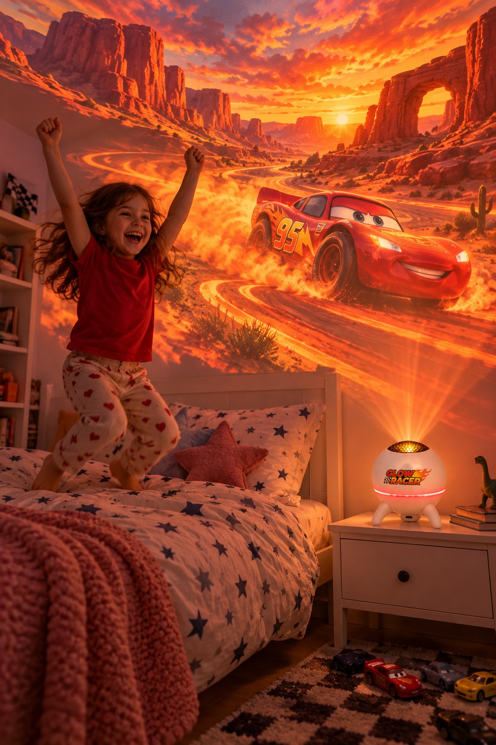 Girl jumping on her bed under a projected desert sunset race scene