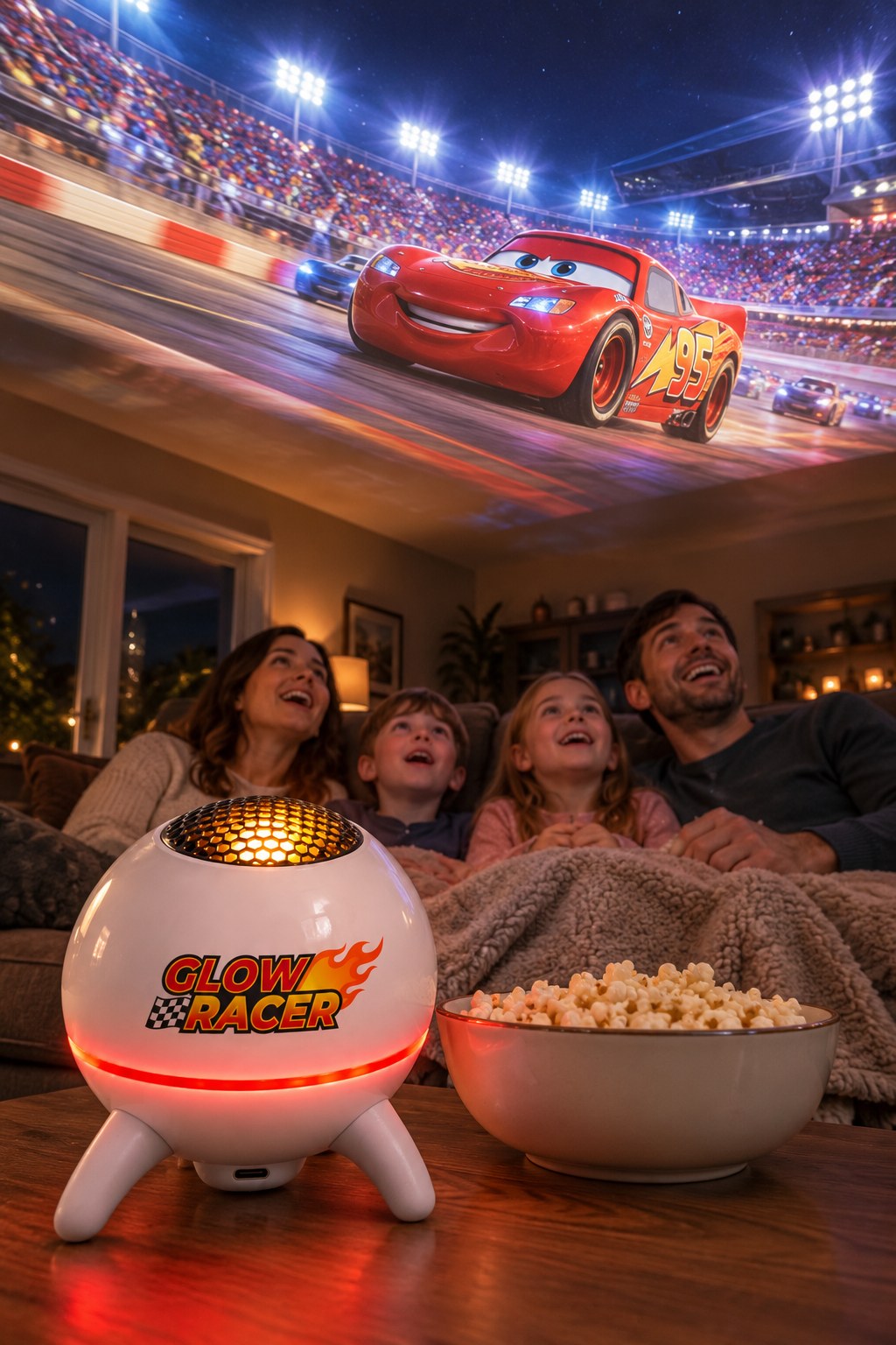 Family movie night with a race stadium projected on the ceiling