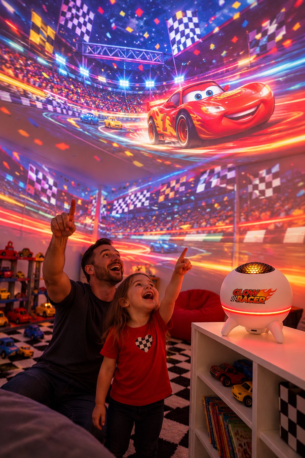 Dad and daughter pointing at the race scene projected around the playroom