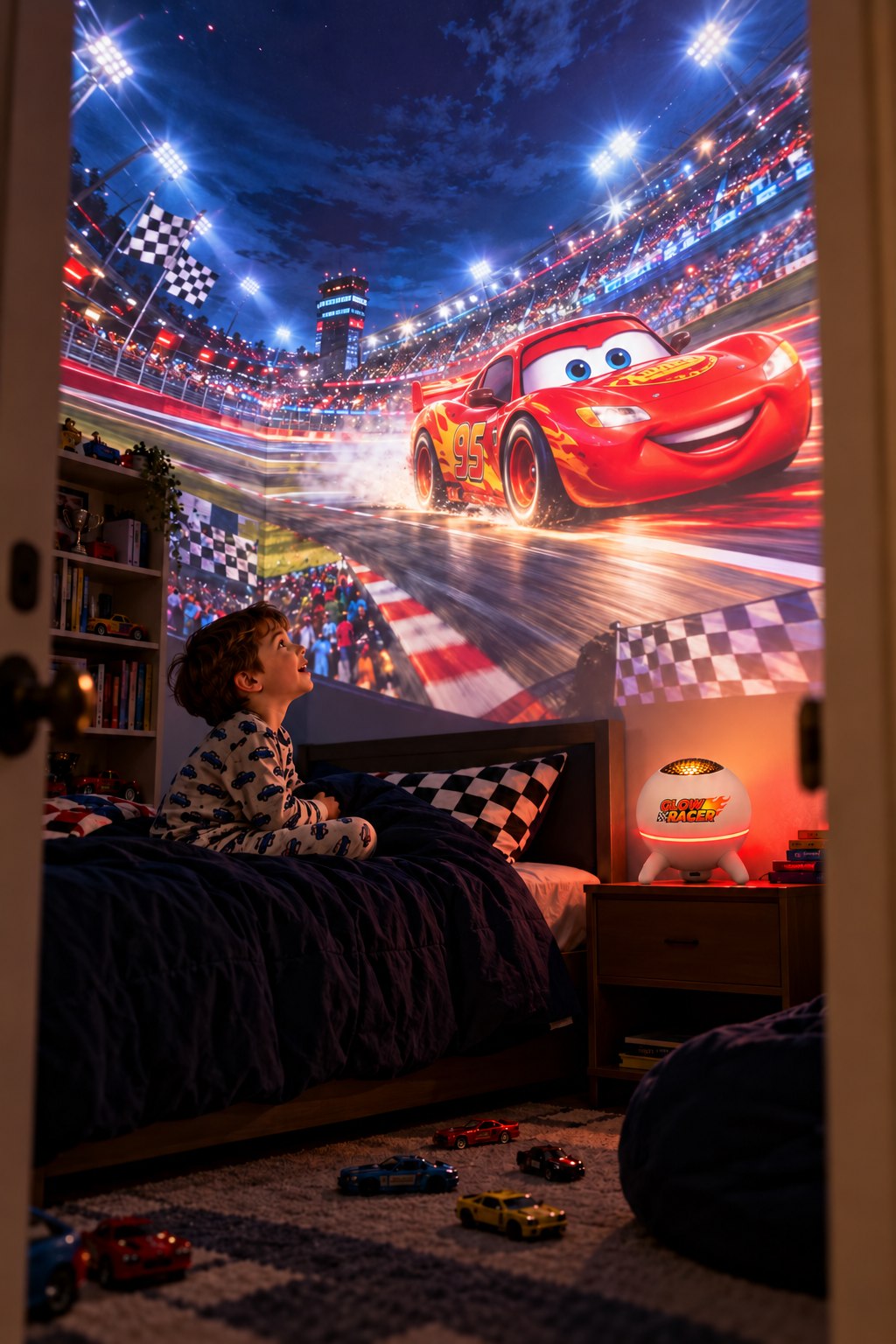 Boy's bedroom transformed by the GlowRacer race projection
