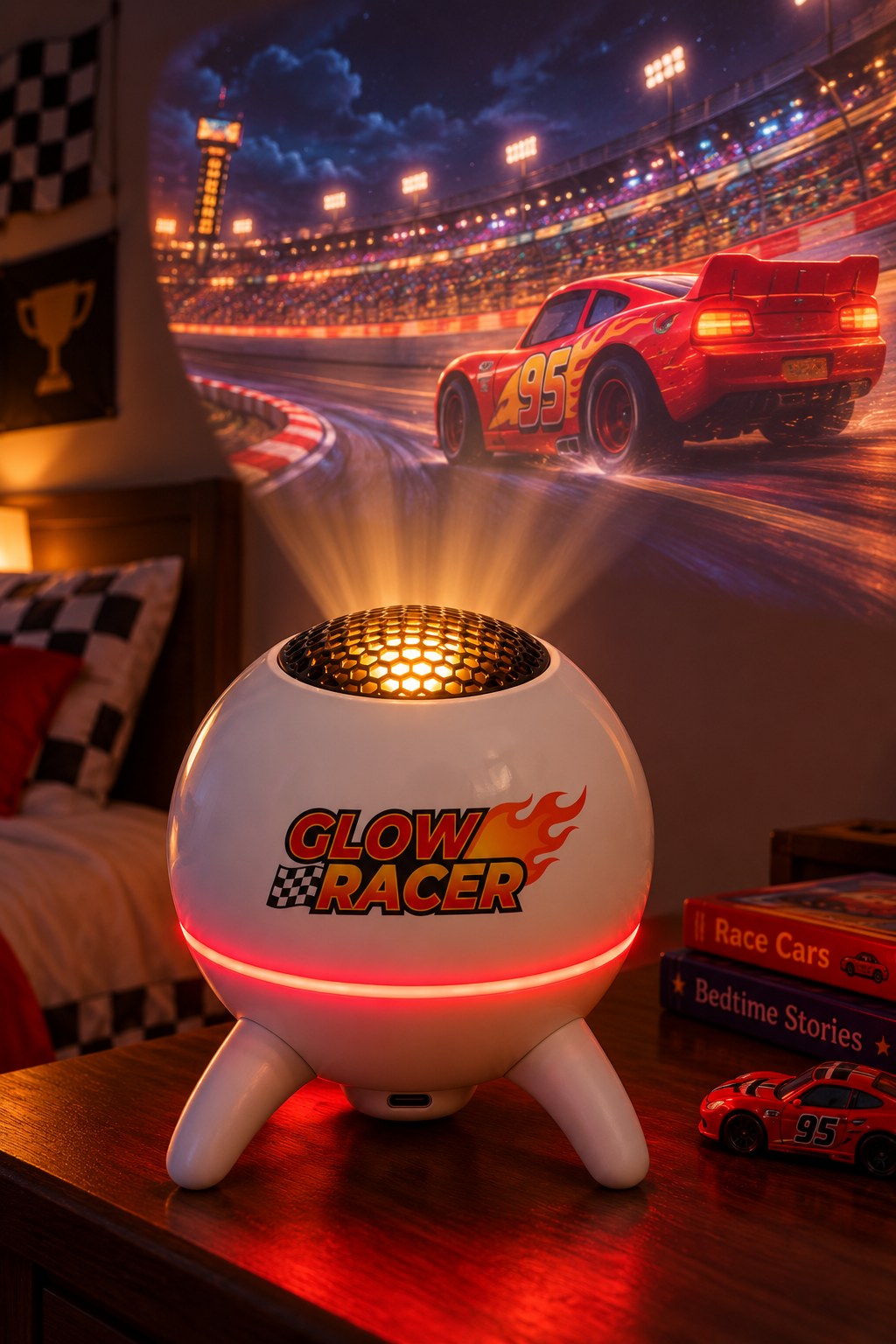 GlowRacer glowing on a bedside table, beams rising onto the wall